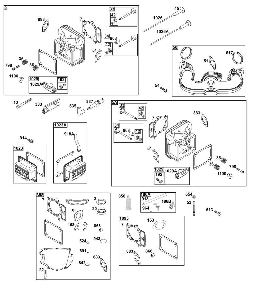 Cylinder Head Group Diagram and Parts List for 44C877-0003-B5 400000 - 699999 Briggs and Stratton Engine